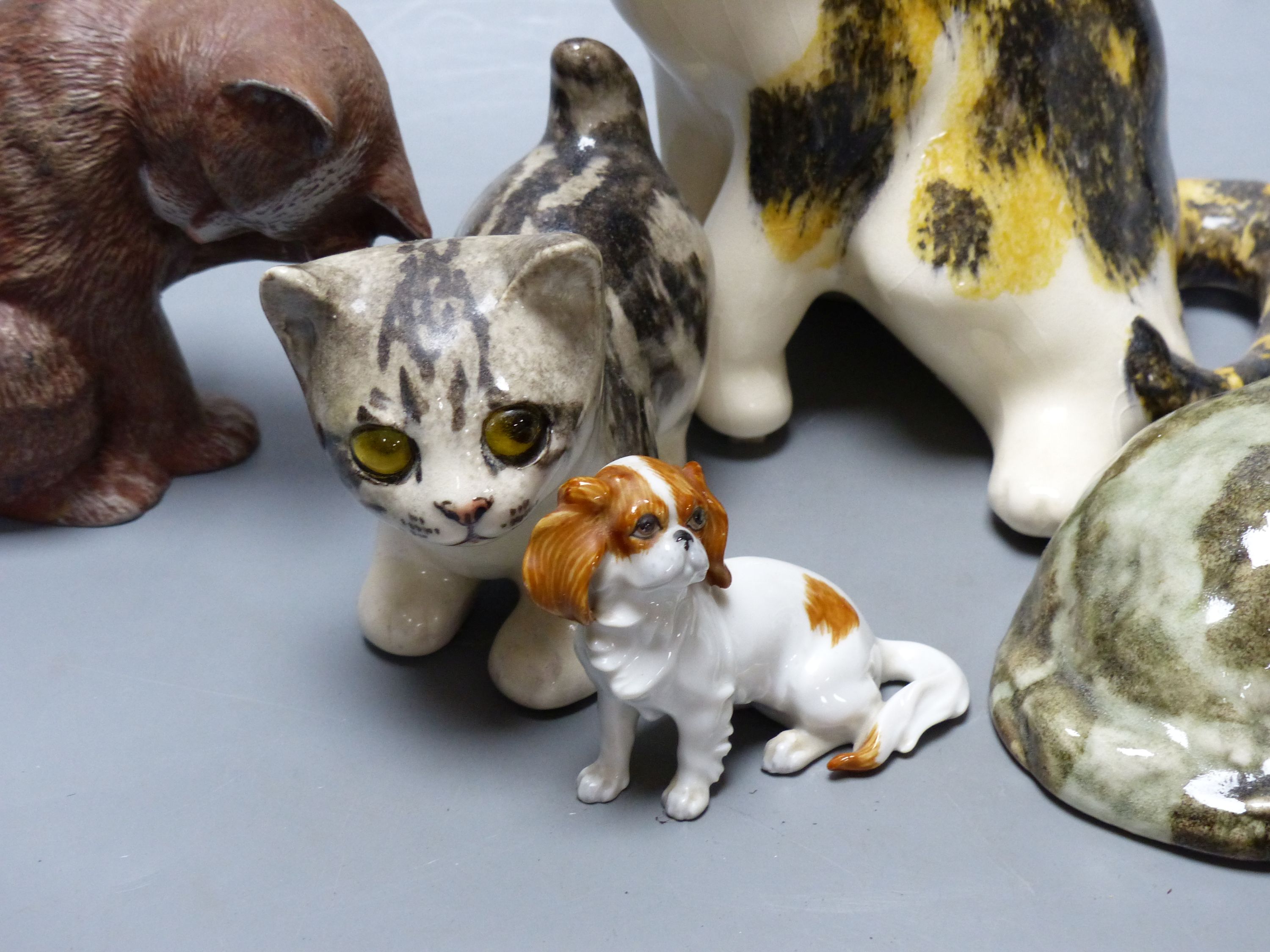 Two Winstanley ceramic cats, three others and a dog, tallest 23cm